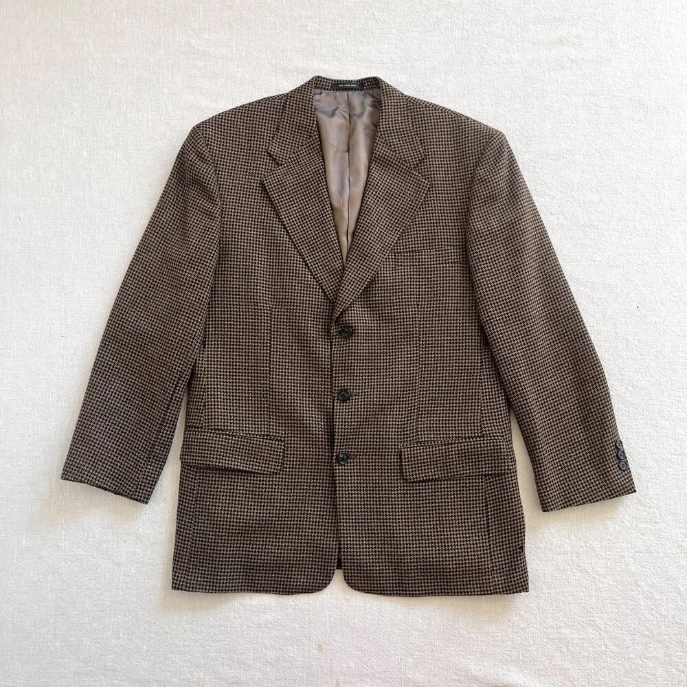 Vintage Men's Monsieur Givenchy Brown & Black Wool Houndstooth Blazer Jacket 44R